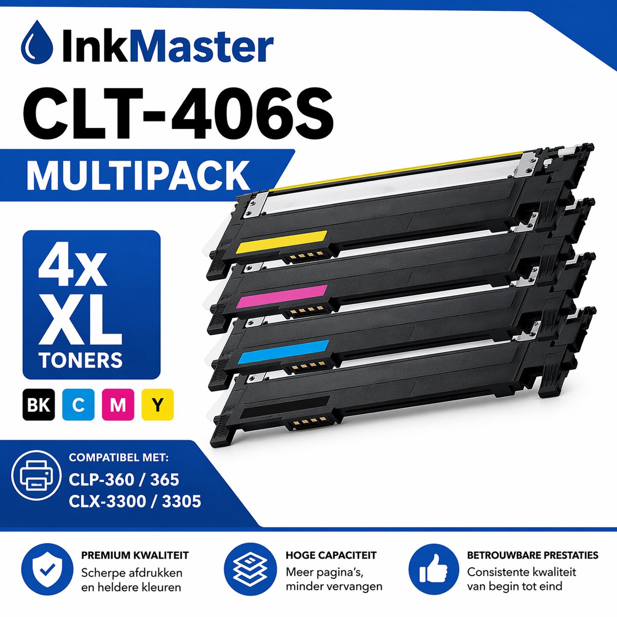 Inkmaster premium Huismerk Multipack 4 XXL toners voor Samsung CLT-406 S voor Samsung CLP-360 / CLP-360N / CLP-360ND / CLP-360 Series / CLP-365 / CLP-365W / CLX-3300 / CLX-3300 Series / CLX-3305 / CLX-3305FN / CLX-3305FW / CLX-3305 Series / CLX-3305