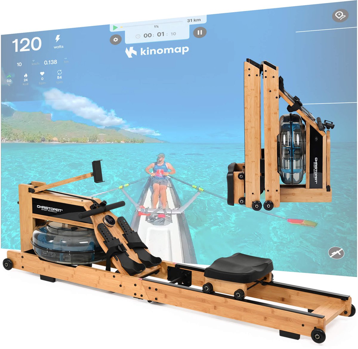 Waterroeitrainer Colorado – opvouwbare Roeimachine van bamboe voor thuis - hybride water-magneetsysteem, Kinomap, Bluetooth, houten