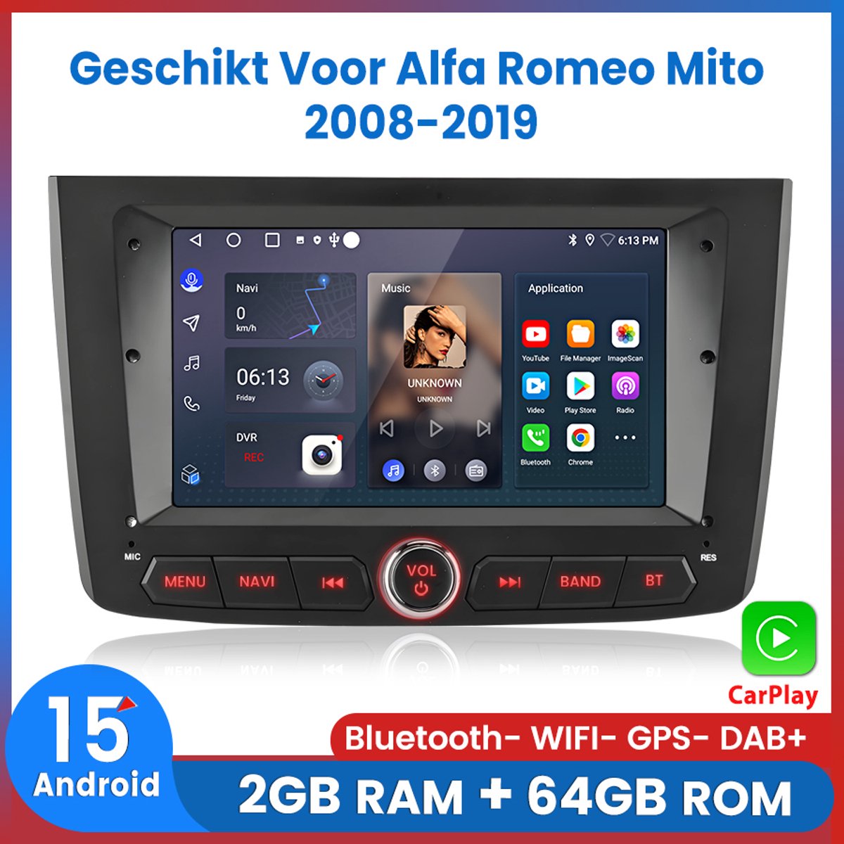 Awesafe Android 15.0 Autoradio - Geschikt Voor Alfa Romeo Mito 2008 t/m 2019 - Draadloos Carplay Android Auto - Ram 2GB + Rom 64GB - GPS Navigatie RDS Bluetooth Wifi - Radio Scherm - Zwart - 2008 2009 2010 2011 2012 2013 2014 2015 2016 2017 2018 2019