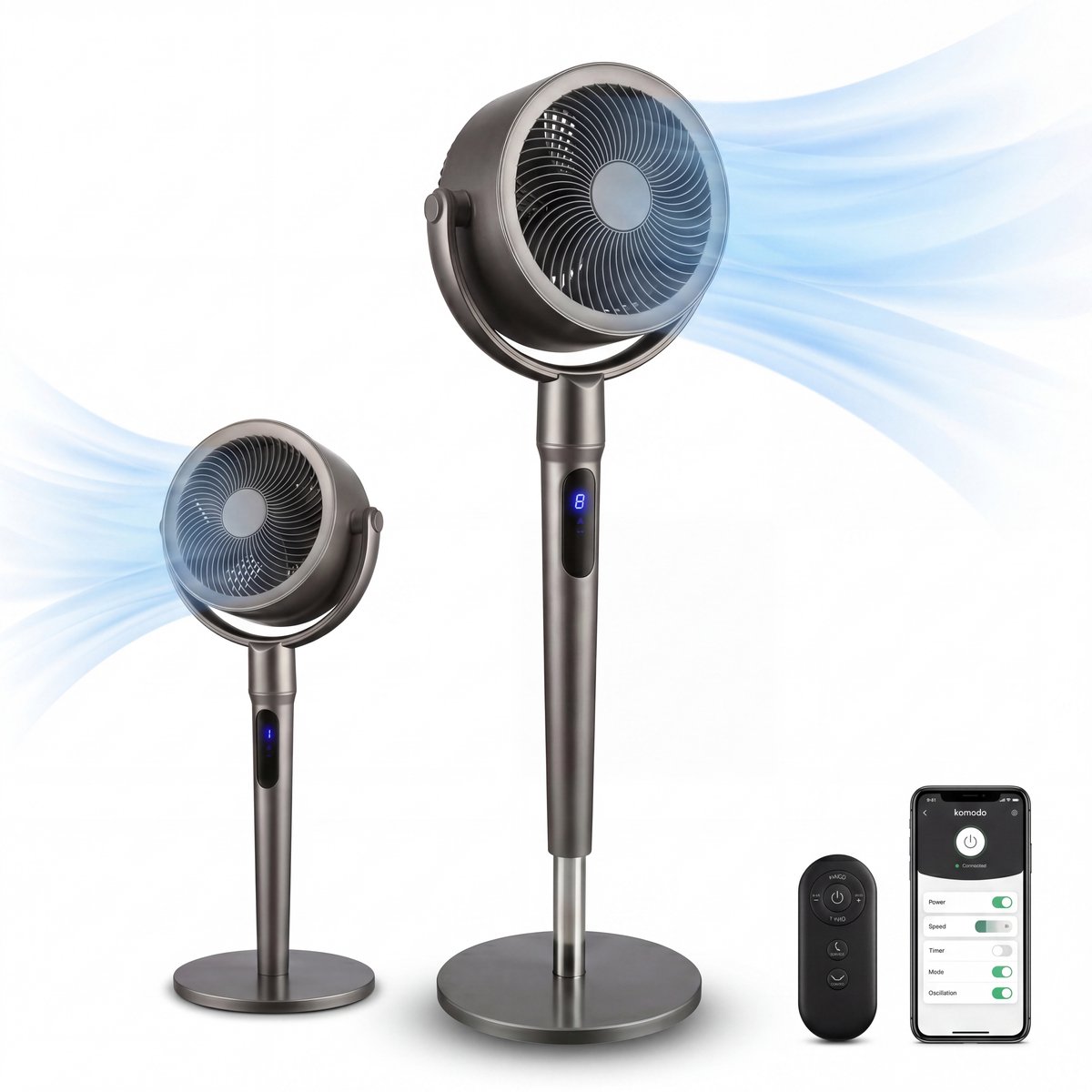 Komodo Aero Statiefventilator met Afstandsbediening – 8 Snelheden – Timer 1-8 uur – 3 Modi – Horizontale & Verticale Oscillatie – Verstelbare Hoogte – Zwart
