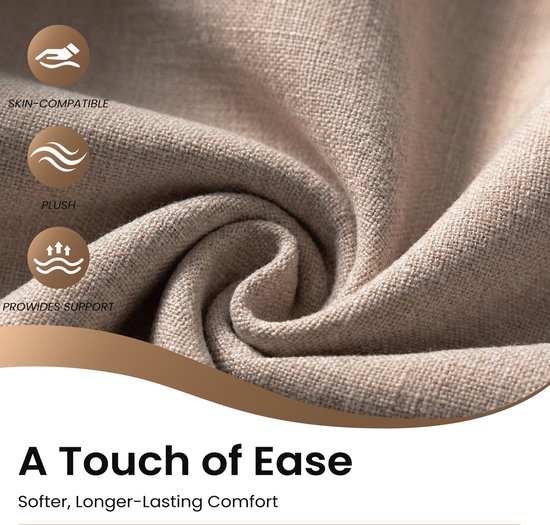 Close-up van bruine stof met de tekst 'skin-compatible', 'plush' en 'provides support'.
