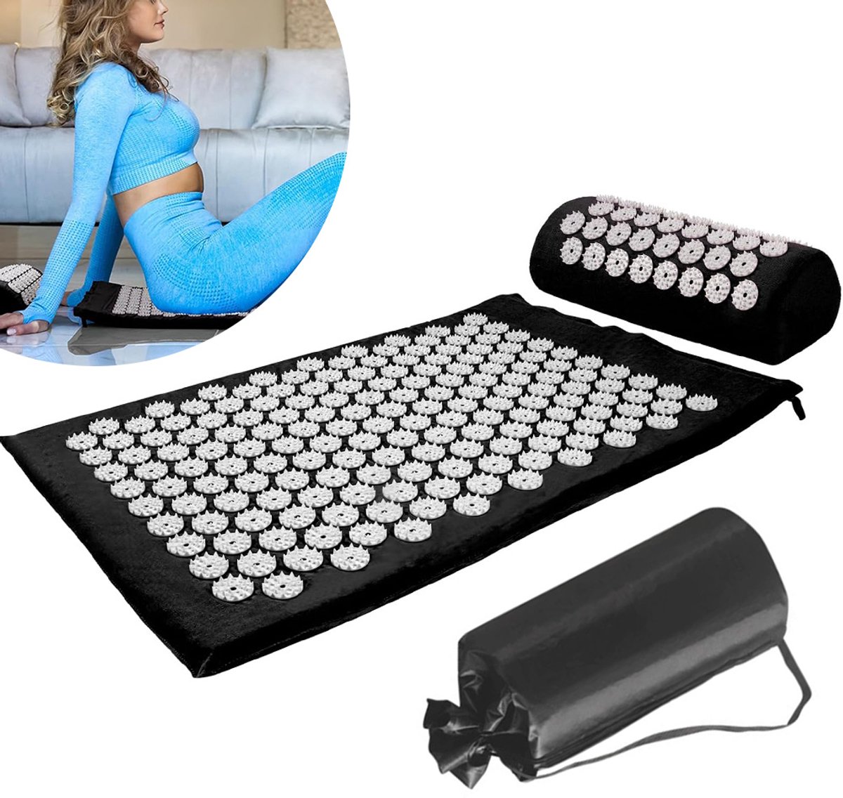 Spijkermat Set met Spijkerkussen - Spijkermatten - Acupressuur Mat - Spijkerbed - Acupunctuur Kussen - Shakti Massage - Zwart - 65x40 cm