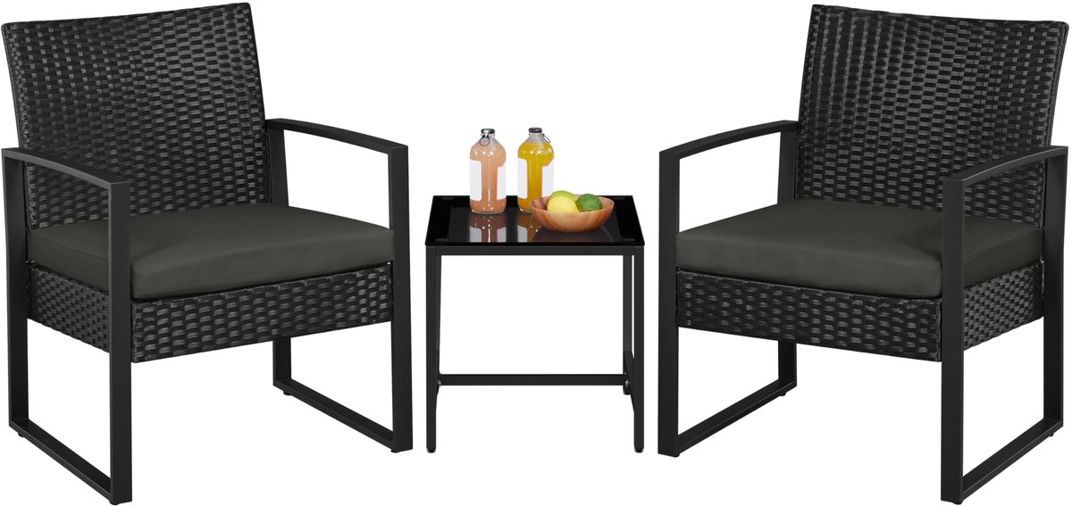 Yaheetech Polyrotan zitgroep tuinset 3-delig balkonset rotanlook loungeset voor tuin & terras, incl. zitkussen & glasplaat
