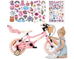 Sun Baby Kinderfiets 14 Inch LOOFI, Fiets voor Meisje 3-5 Jaar, Max 50 kg - lichtgewicht 6.6 kg, aluminium frame, met poppenzitje, zijwieltjes, mandje, bel, stickers - Roze
