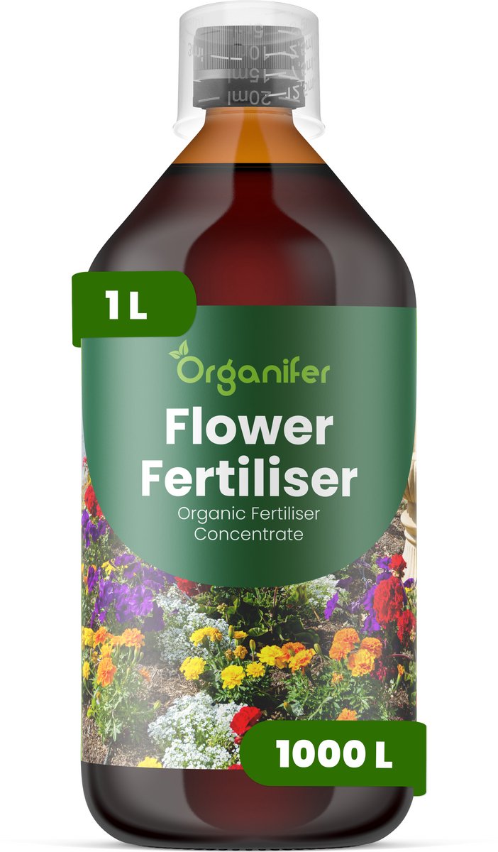 Vloeibare Meststof Voor Bloemen - 1 L Voor 1000 L - Npk 3-4-3 - Sterke Groei - Uitbundige Bloei - Knopvorming - Bloemgrootte - Kleurintensiteit - Sterk Wortelstelsel - Langdurige Bloeicycli - Organifer