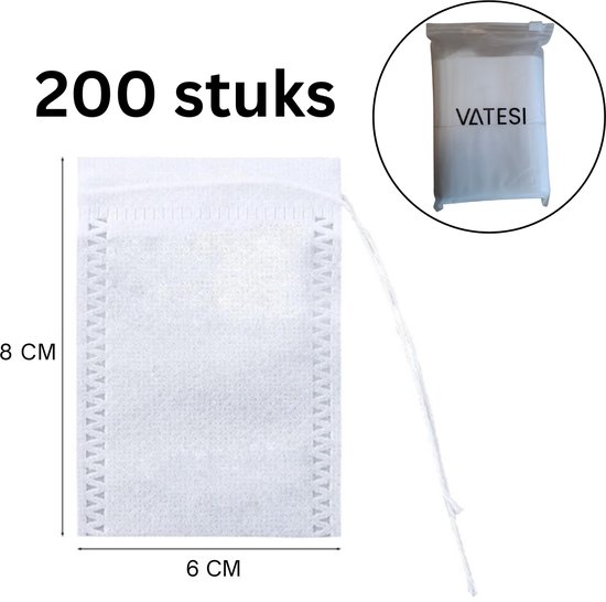 Wit 6 x 8 CM theezakje, '200 stuks' en een verpakking met VATESI logo.