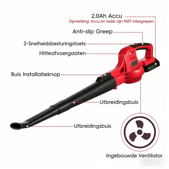 Accu Bladblazer 20V - Blazer - Luchtsnelheid 130 km/u - 2 Snelheden - Rood - Incl. 2.0Ah accu — afbeelding 3