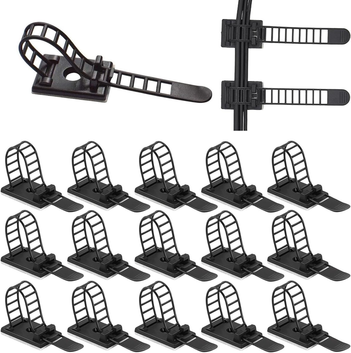Verstelbare kabelhouders, 50 stuks, zwarte nylon clips voor het organiseren en bevestigen van kabels