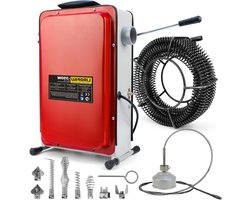 Krachtige elektrische buisreiniger 390 W met FI-schakelaar voor Ø 20-100 mm leidingen, inclusief spiralen van 8 mm, 10 m en 16 mm, ideaal voor grondige afvoerreiniging en verstopping verwijderen