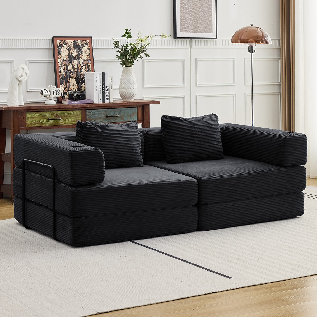 Multifunctionele Corduroy Slaapbank-Vaste Framebank–Opvouwbaar met 2 Kussens en Armleuningen–Comfortabel 2-in-1 Ontwerp–Geschikt voor 2 Personen–Te Gebruiken als Bank, Ligstoel en Logeerbed–Ideaal voor Appartementen of Kleine Ruimtes–Zwart