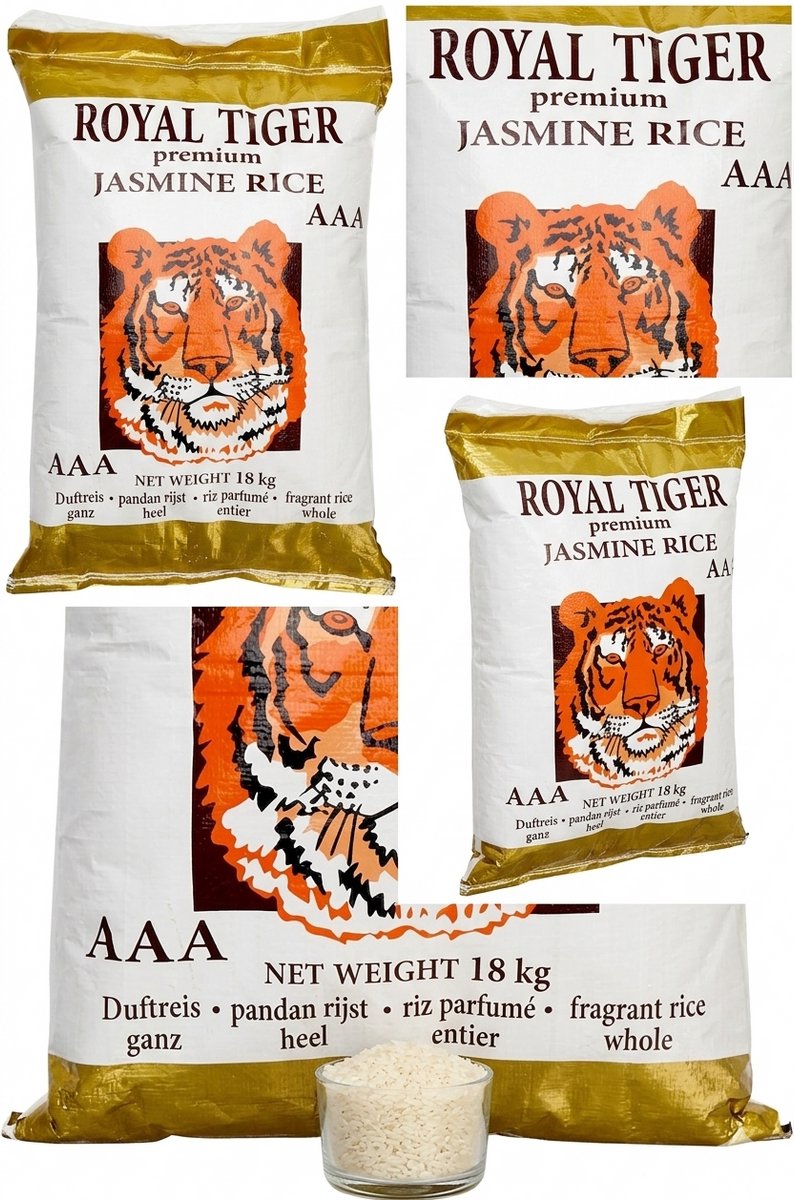 Royal Tiger Jasmin Rijst - Premium Thaise Hom Mali Rijst - Grootverpakking 18 kg - Authentieke Smaak en Aroma - Ideaal voor Aziatische Gerechten - 1 x 18 kg Met Kajal Sticker
