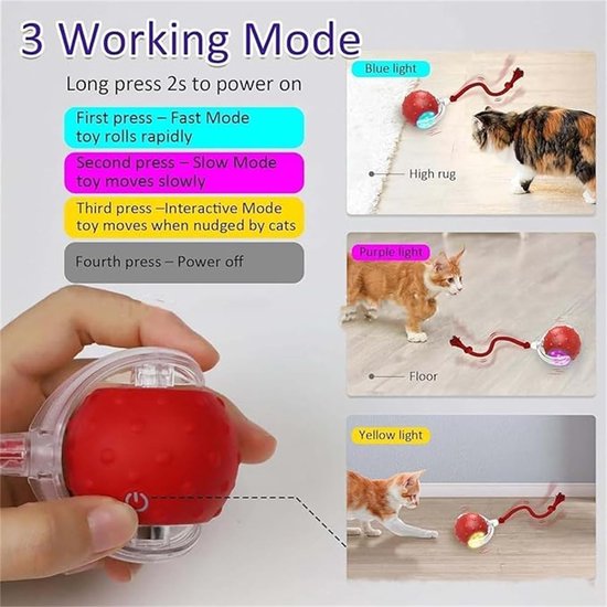 Rode bal met touw, interactieve speelgoedmodus, blauw, paars, geel licht, kat speelt op hoog tapijt, vloer.