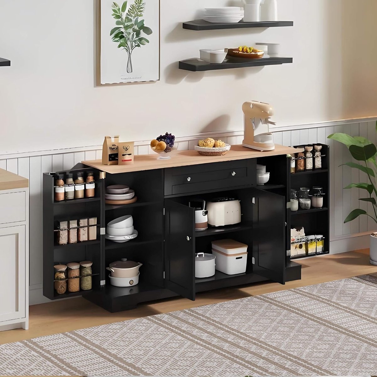 Dressoir Kast 138x40x85 cm Keukenkast met Lade en Verstelbare Planken Buffetkast Opbergkast Woonkamer Modern Zwart Urbanhome