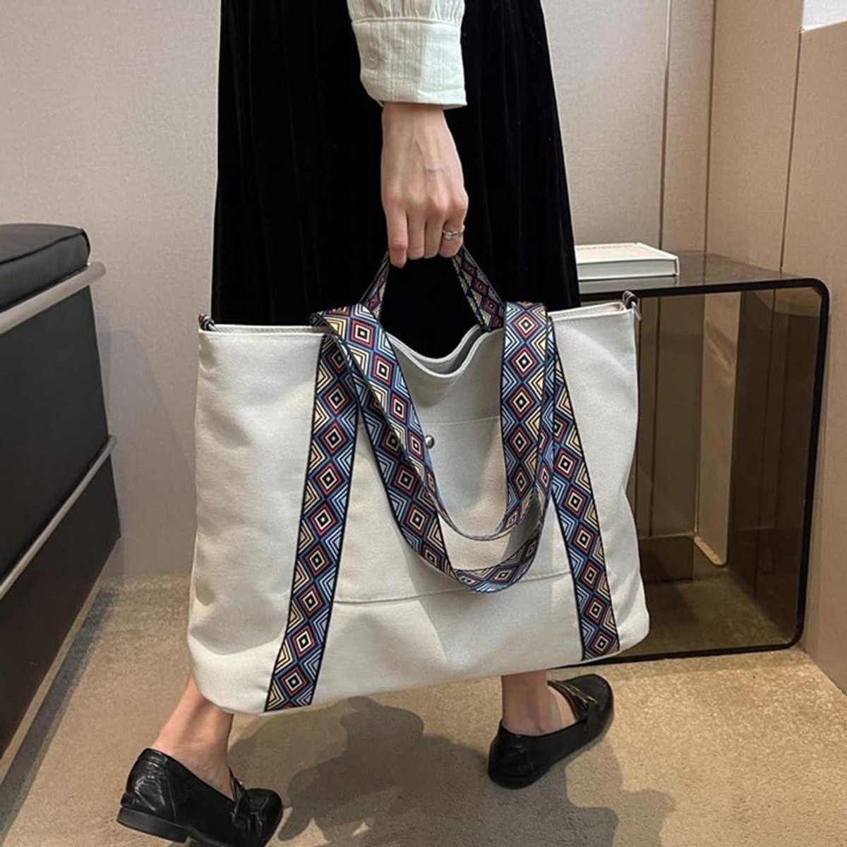 Canvas Tote Bag - Dames Handtas - Dagelijks Gebruik - Met Rits en Vak