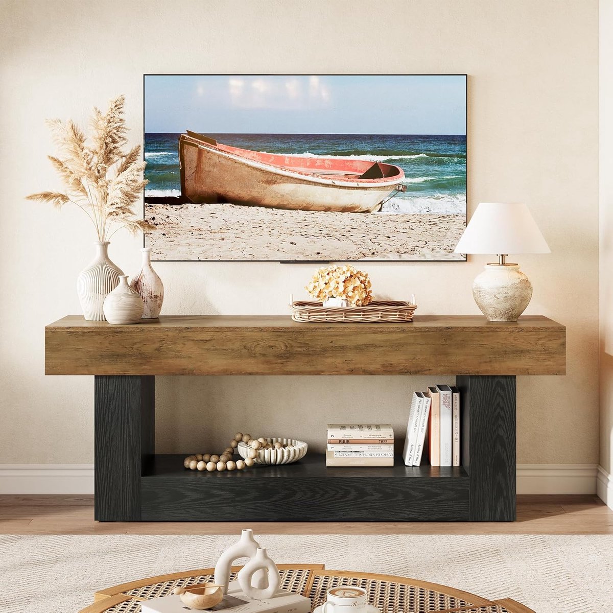 TV meubel 160 cm – Modern lowboard met open vakken & U-frame – TV kast voor 70 inch in industrieel bruin/zwart design – Urbanhome