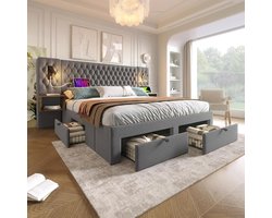 Gestoffeerd Bed - Tweepersoonsbed Complete Set - Slaapkamer Inrichten - Inclusief Nachtkastjes Laden - 180x200 cm - Grijs