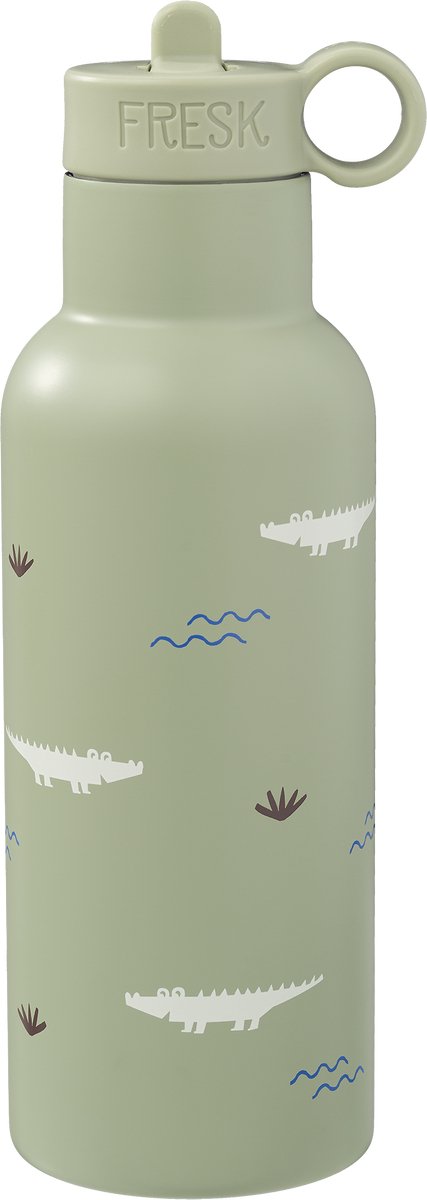 Fresk Thermosfles - 500 ml - RVS Waterfles - Lekvrije Drinkfles voor Kinderen - Koude en Warme Dranken - BPA-vrij - Onbreekbaar - 2 Doppen - Thermosbeker - Drinkbeker Jongens - Groen - Crocodile