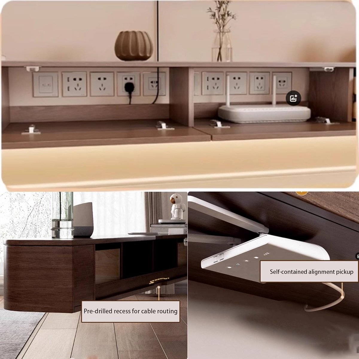 Nordic Luxe Zwevend TV-Meubel 180x30x20 cm met LED Verlichting, Massief Houten Wandkast met Deur en Kabelmanagement, Modern Scandinavisch Design TV Wandmeubel Bruin –