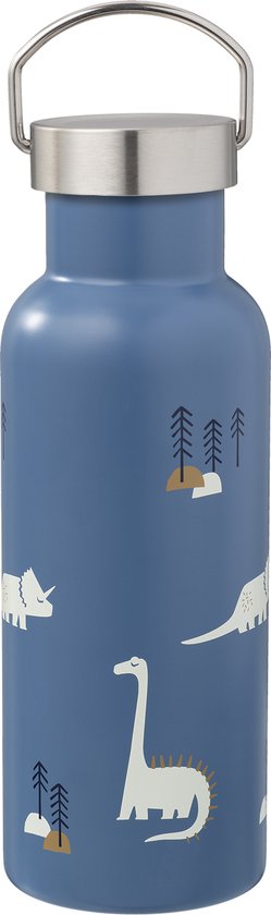 Blauwe waterfles met dinosaurussen en bomen print. Zilverkleurige dop met handvat.