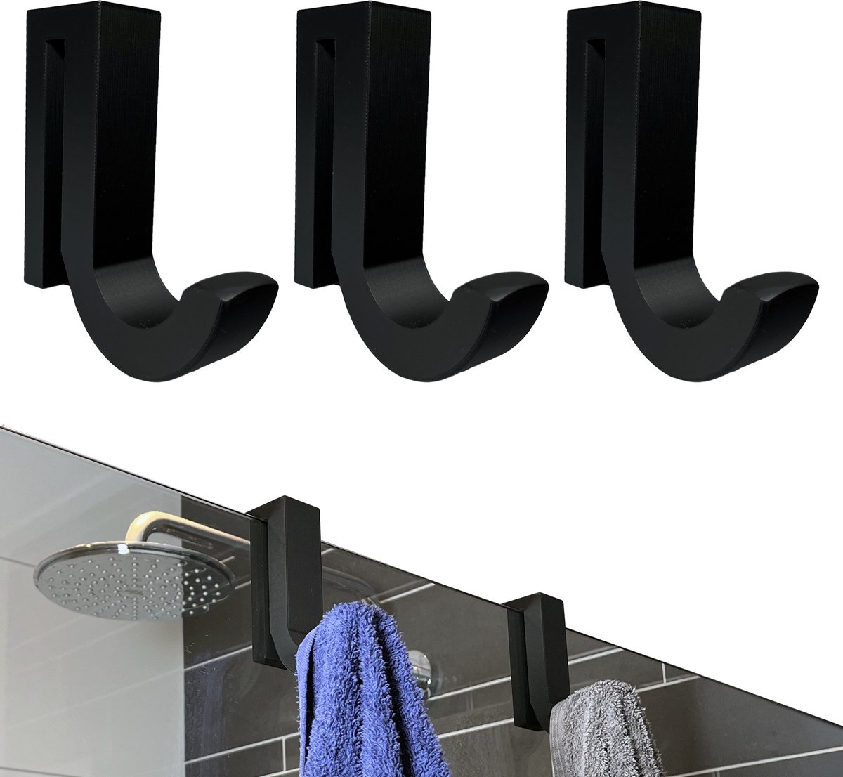 Handdoekhaak - Zwart - 3 Stuks - Douchehaak - Handdoekhaakjes - Zelfklevend - Douchewand - 8 mm