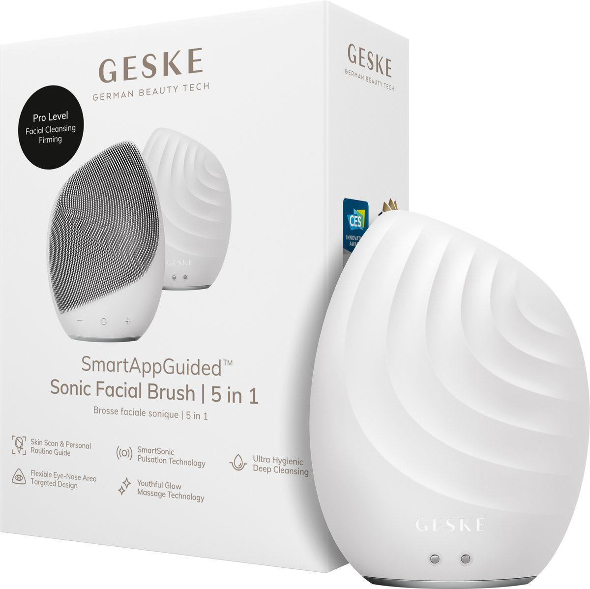 GESKE | SmartAppGuided™ Facial Brush 5 in 1 | Elektrische gezichtsreinigingsborstel | Zachte siliconen borstel | Professionele gezichtsreiniging | Gezichtsreinigingsapparaat | Gezichtsmassager