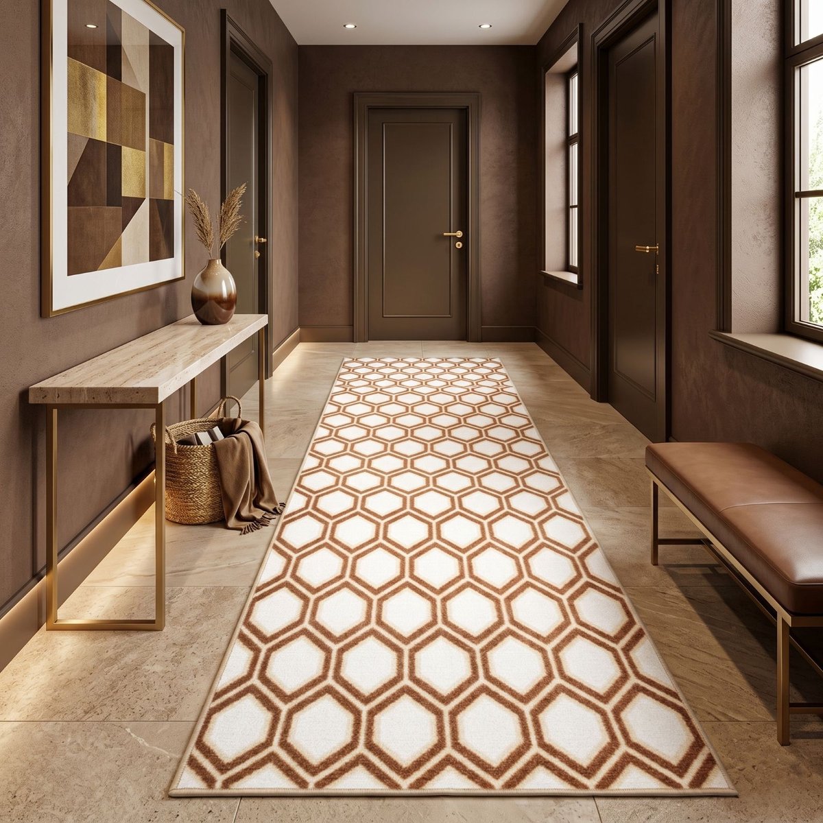 Floordirekt Tapijt Loper Cardiff met Patroon - Op Maat Gemaakte Fijn Lus Tapijt Loper - Voor Keuken, Hal & Woonkamer - Honingraatpatroon in Beige - 80 x 400 cm
