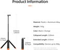 Productinformatie met maten voor een zwarte en oranje selfie stick/statief. Maximale lengte 610mm.