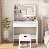 Witte kaptafel met spiegel, LED en een witte kruk.
