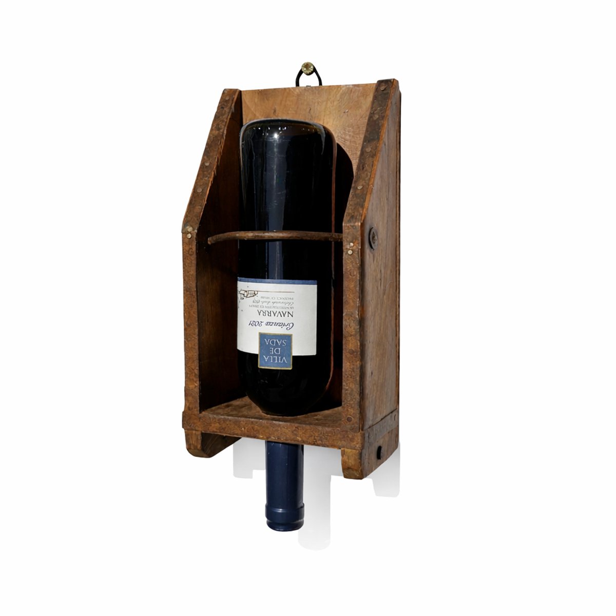Koipa Wijnrek van gerecycled hout - Hangend wijnrek in oude steenmal - Uniek & stoer wijnrekje voor 1 fles - Industrieel & Duurzaam