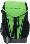 Limegroene rugzak met Vaude logo, donkergroene zijkanten, mesh vakken en vergrootglas.