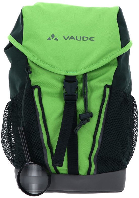 Limegroene rugzak met Vaude logo, donkergroene zijkanten, mesh vakken en vergrootglas.