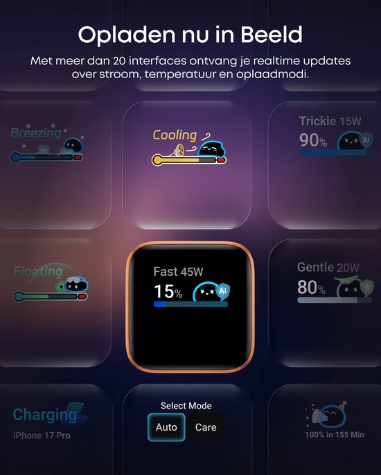 Scherm van de Anker lader toont "Fast 45W 15% AI" en verschillende oplaadmodi.