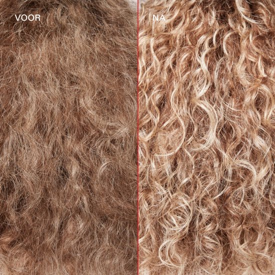 Voor en na een haarbehandeling met de OLAPLEX Nr. 8: droog, pluizig haar wordt glanzend en gedefinieerd.