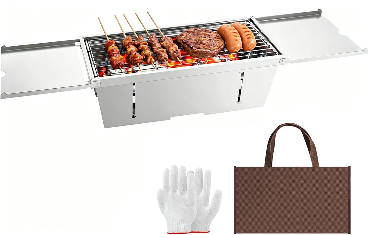 Uten Tafel BBQ Houtskool - Camping BBQ - Opvouwbare en Draagbare Barbeque - Barbecue met Losse Vuurschaal en Grillrooster - Grilloppervlak (L x B) 42.5 x21.5 cm - RVS