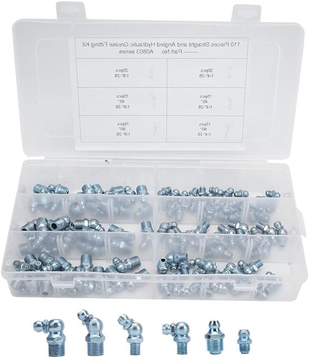 Assortiment van 110 Stuks Smeernippels, 45° 90° 180° 1/8in 1/4in, Geschikt voor Hydraulische Slangen en Buizen