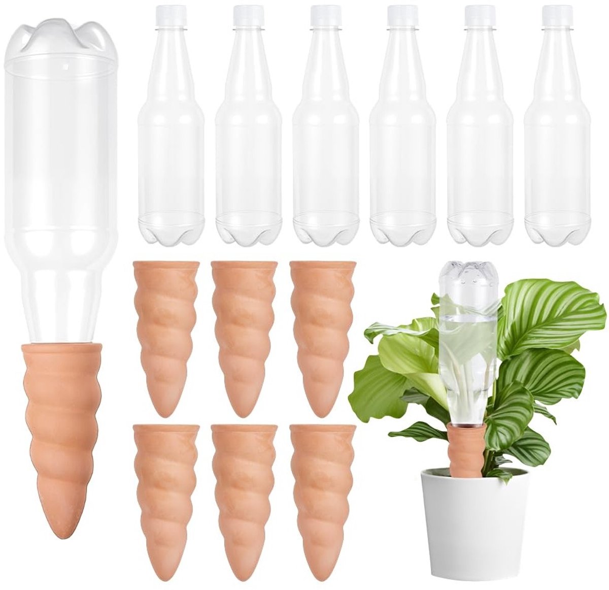 Automatisch irrigatiesysteem voor binnen- en buitenplanten, 6 transparante flessen en irrigatiepalen