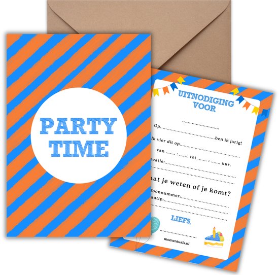 Uitnodiging Kinderfeestje 10 Kaarten + Enveloppen - Party Blauw – Jongen & Meisje - Uitnodigingskaarten – Beschrijfbaar – Verjaardag Kind