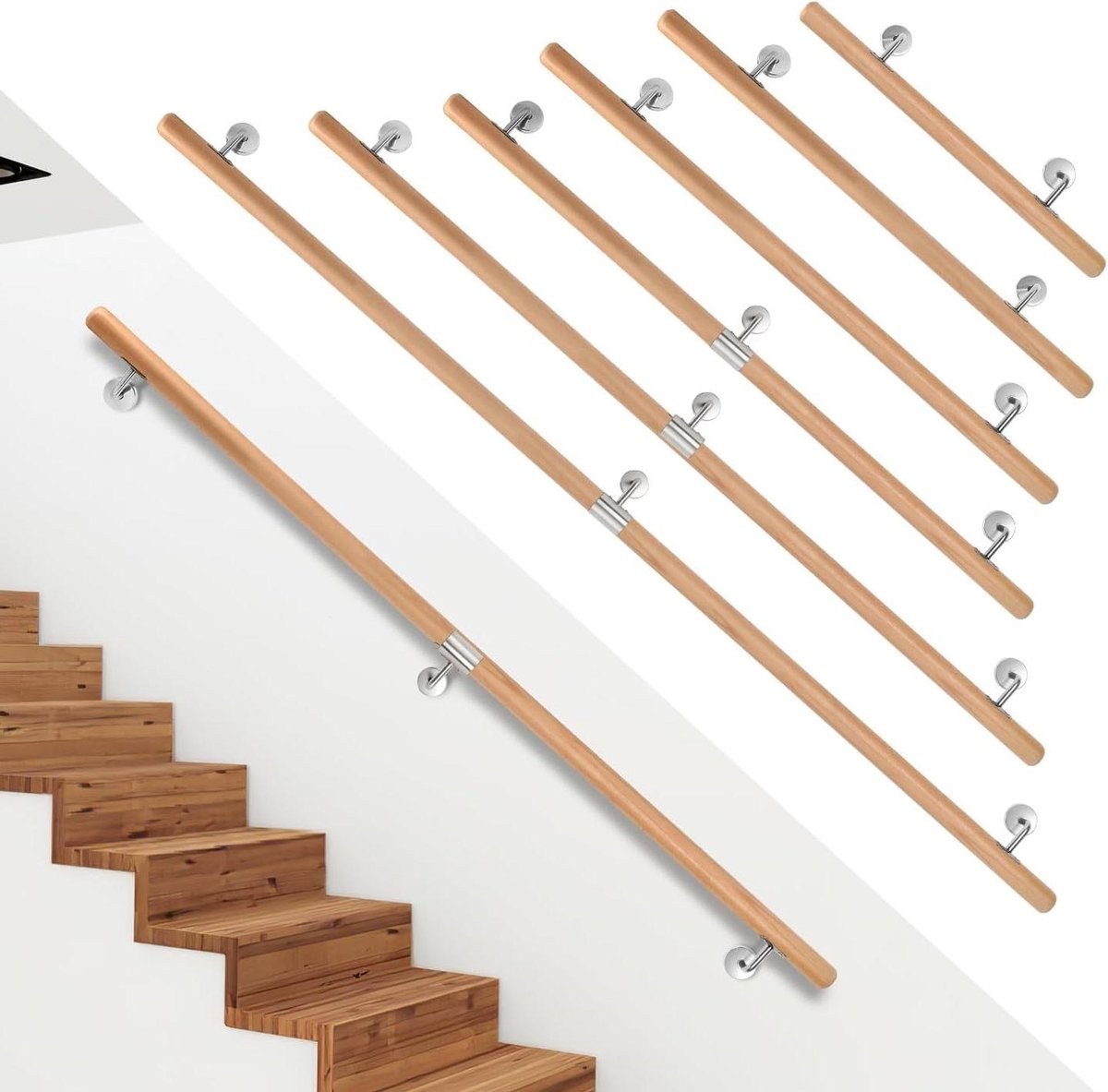 Houten trapleuning - Wandsteun trap - Extra veiligheid - Natuurlijke sfeer - 150 cm - Houtkleur