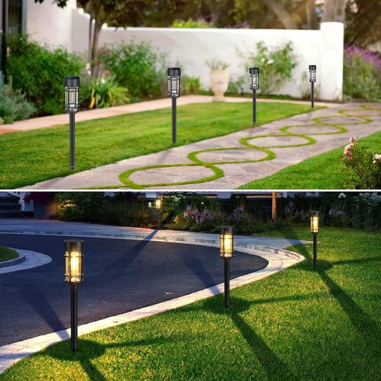 Zwarte solar tuinlampen op een pad en in gras. "Premium LEDs"