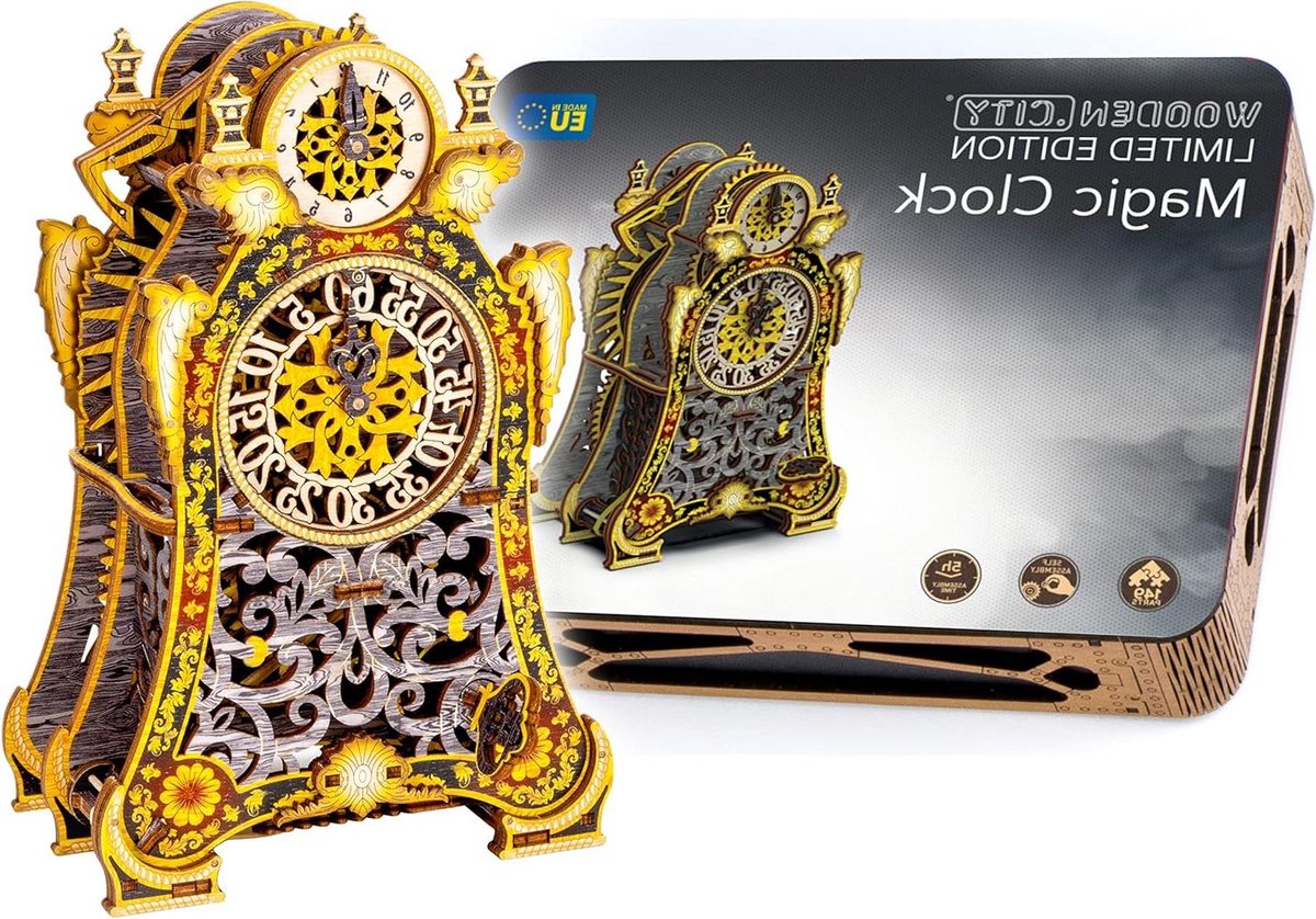 Houten Klok Puzzel - Mechanisch Model - Hobby en Decoratie - Zonder Lijm Te Monteren - Medium Grootte - Bruin