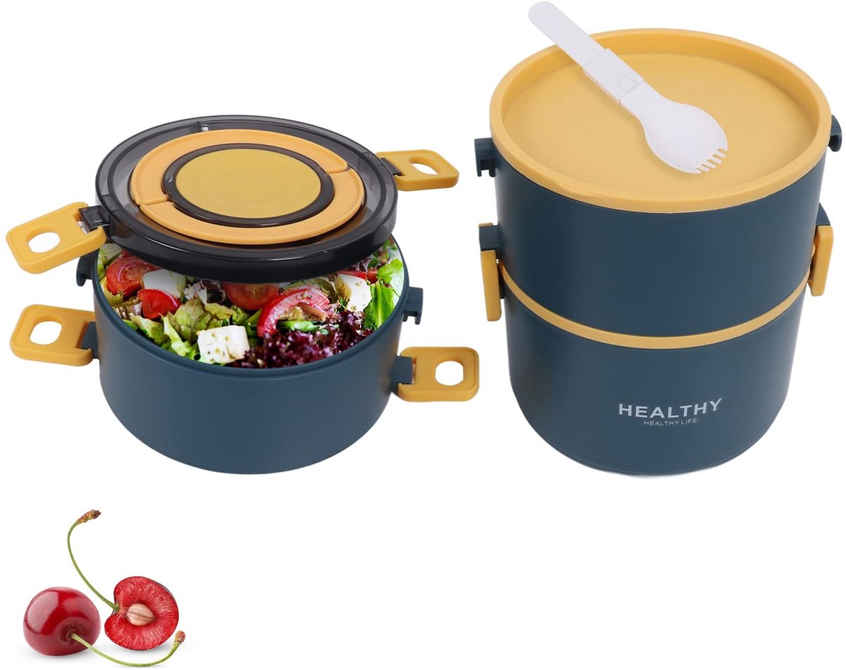 Dailygoods- Lunchbox 2200 ml - Drielaags - Roestvrij Staal - Lekbestendig - Bento Box - Voedselveilig kunststof - Siliconen afdichtring