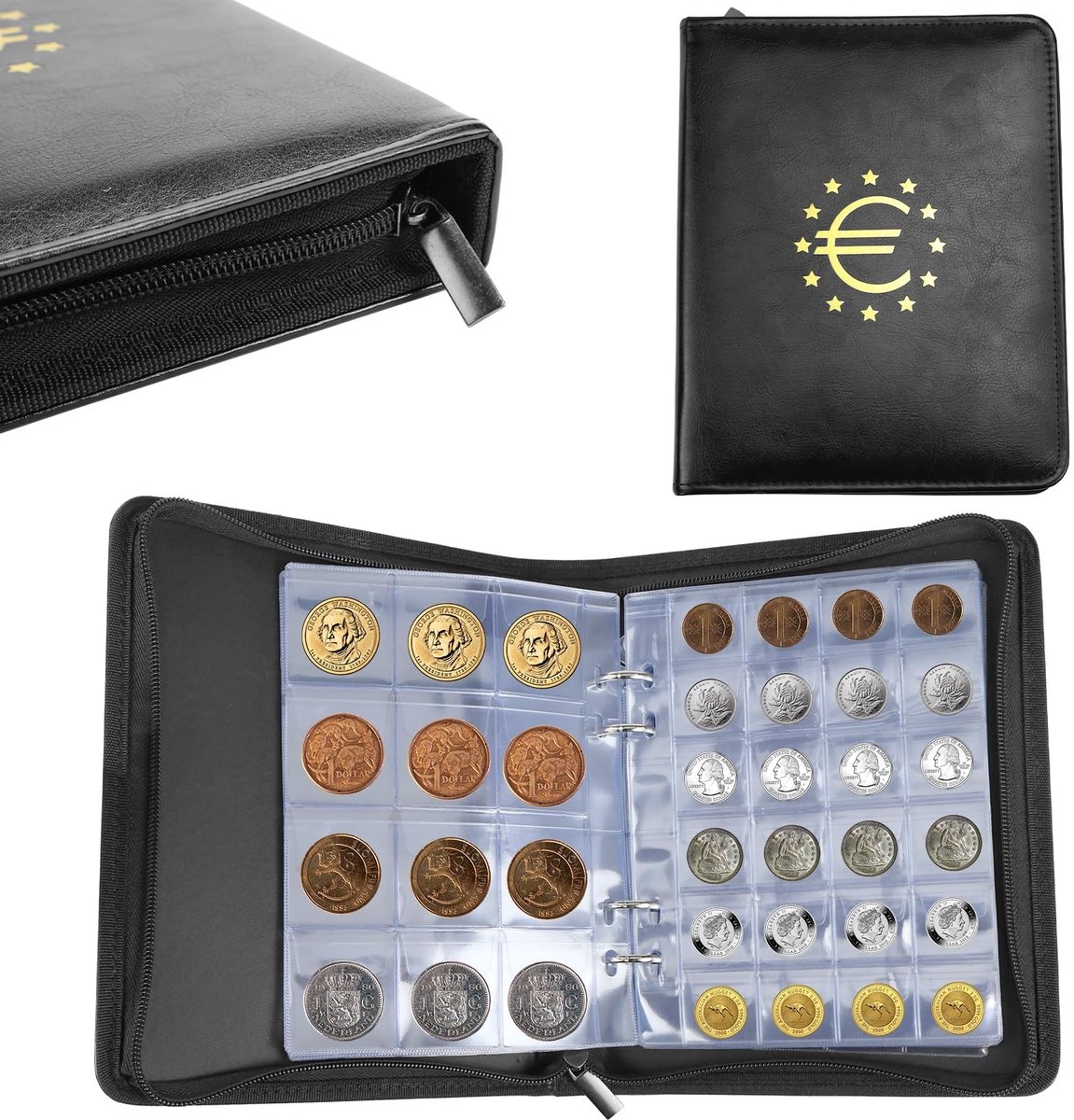 Dailygoods- Muntenalbum 600 Vakken - Munthouder - Munten Verzamelmap - Muntalbum voor 2 Euro - Zwart - Hoogwaardig Leer - Muntenverzamelboek