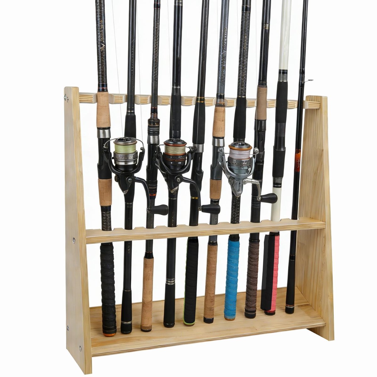Dailygoods- Hengelstandaard massief hout - Hengelhouder voor 10 hengels - Verticale opslag - Viltbescherming - Eenvoudige montage - Afmetingen 60 x 28 x 57 cm