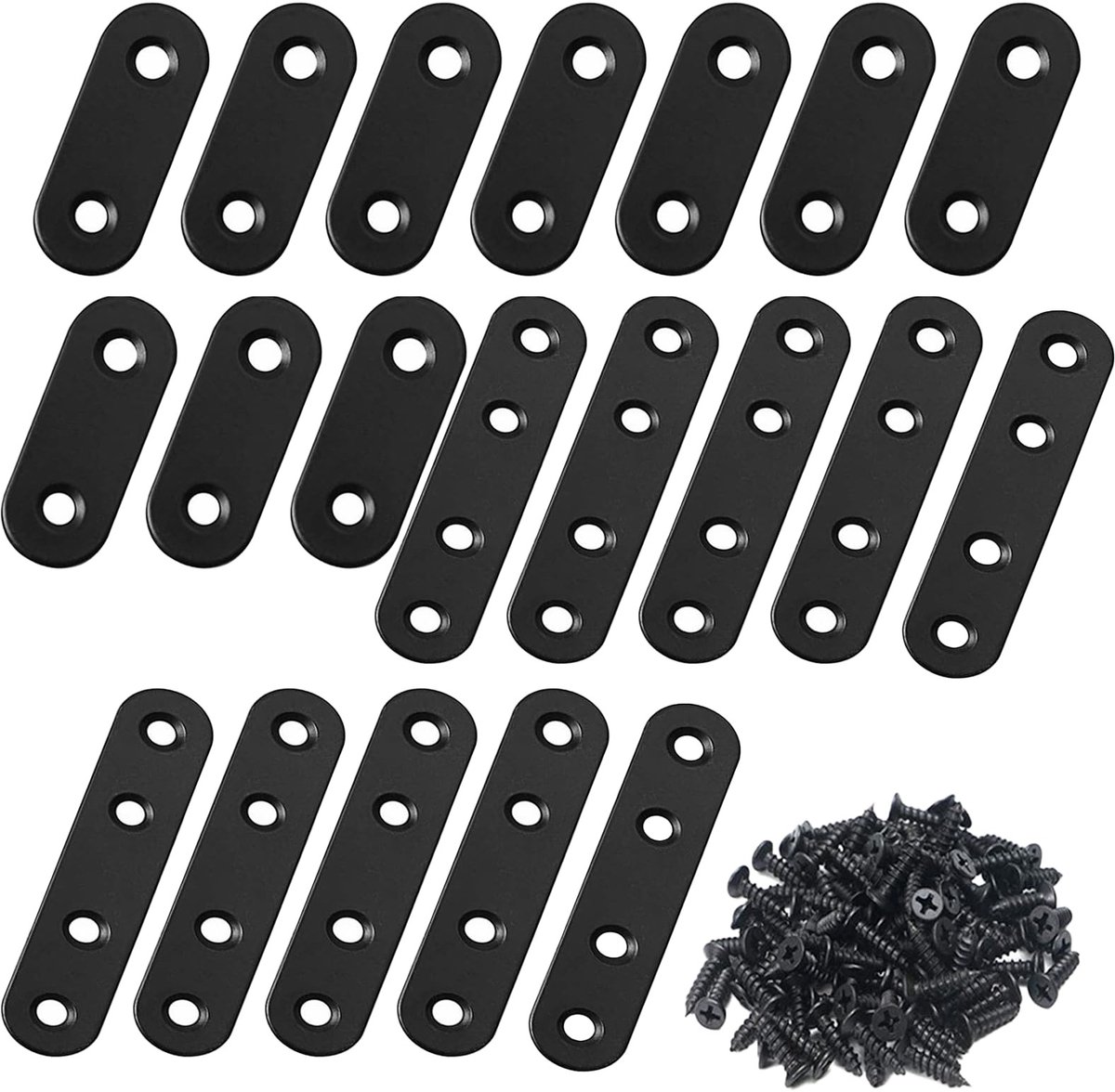 Dailygoods- Platte Verbinders 20 Stuks - Roestvrij Staal - Zwart - 50/80 mm - Geperforeerd - Inclusief Schroeven - Duurzaam en Schokbestendig - Verbindingselementen