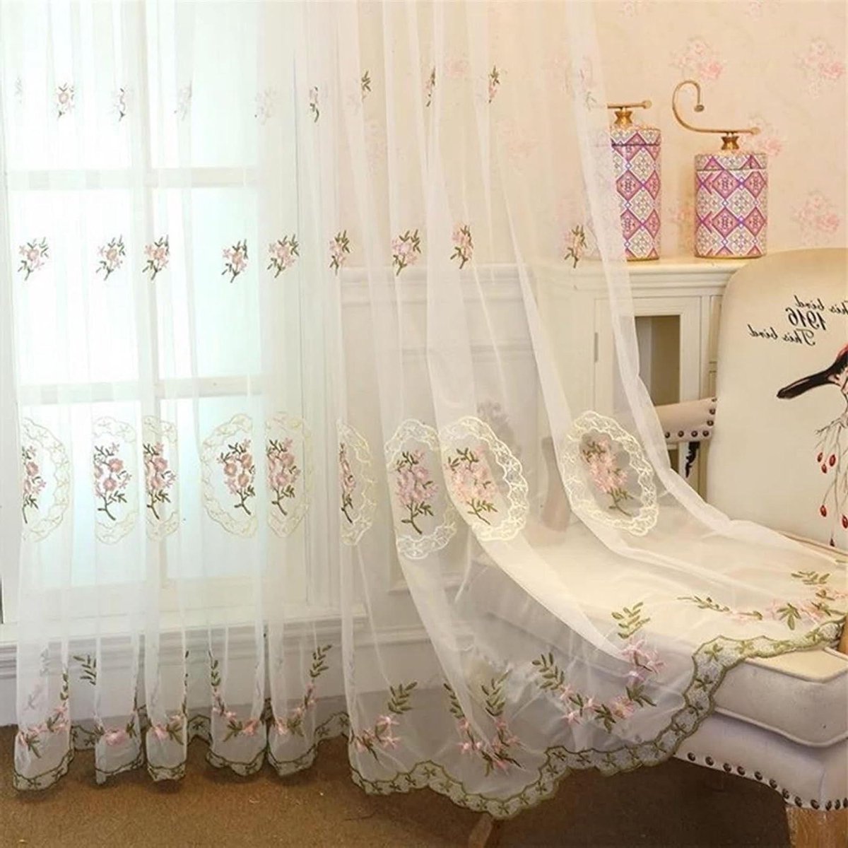 Lichtdoorlatende Gordijnen - Vitrage set - Woonkamer decoratie - Borduursel met bloemen - 150x270 cm - Wit