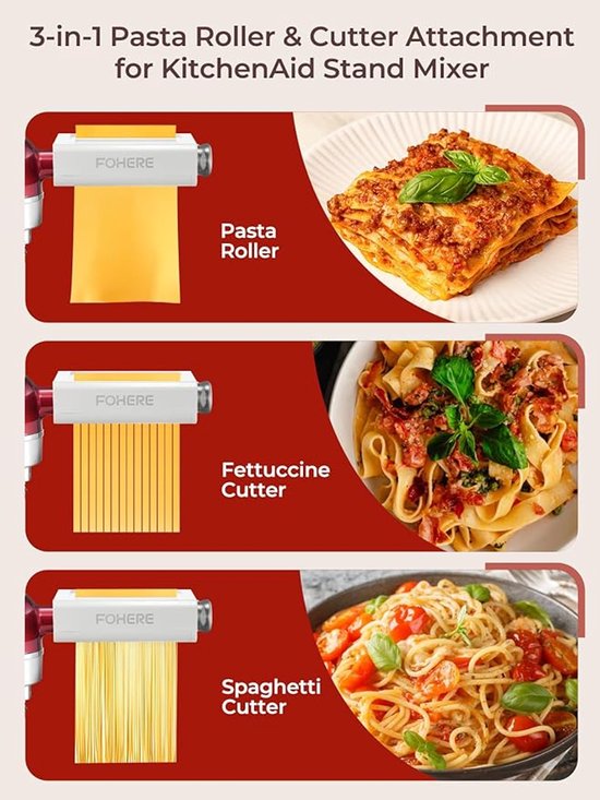 3-in-1 Pastamachine Opzetstuk voor KitchenAid - Pastaroller, Fettuccine- en Spaghettisnijder — afbeelding 3