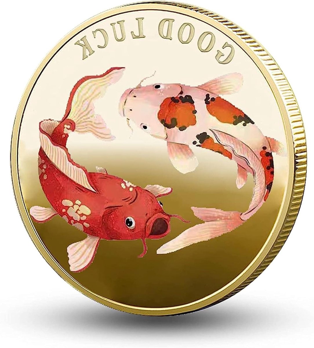 Geluksmunt Koi Vis - Zegel munt - Geluk Wensen - Gouden Afwerking - 4.5 cm - Goud