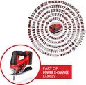 Rood met zwarte Einhell decoupeerzaag, deel van de Power X-Change familie.
