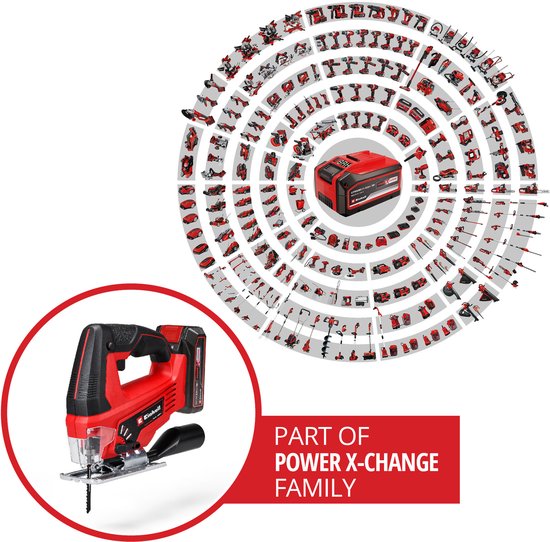 Rood met zwarte Einhell decoupeerzaag, deel van de Power X-Change familie.