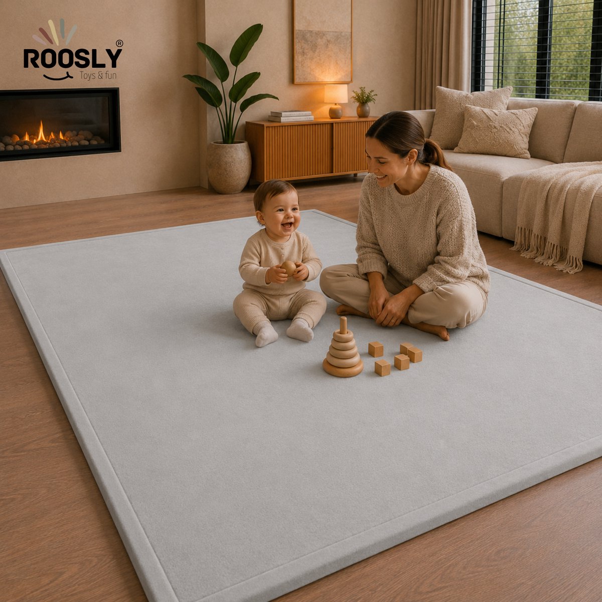 Roosly Speelmat Baby - Fluwelen Speelkleed baby - speeltapijt - kruipmat - playmat - Extra Dik Traagschuim 3 cm - Antislip - Zacht & Veilig - 150 x 200 cm - Mist Grey